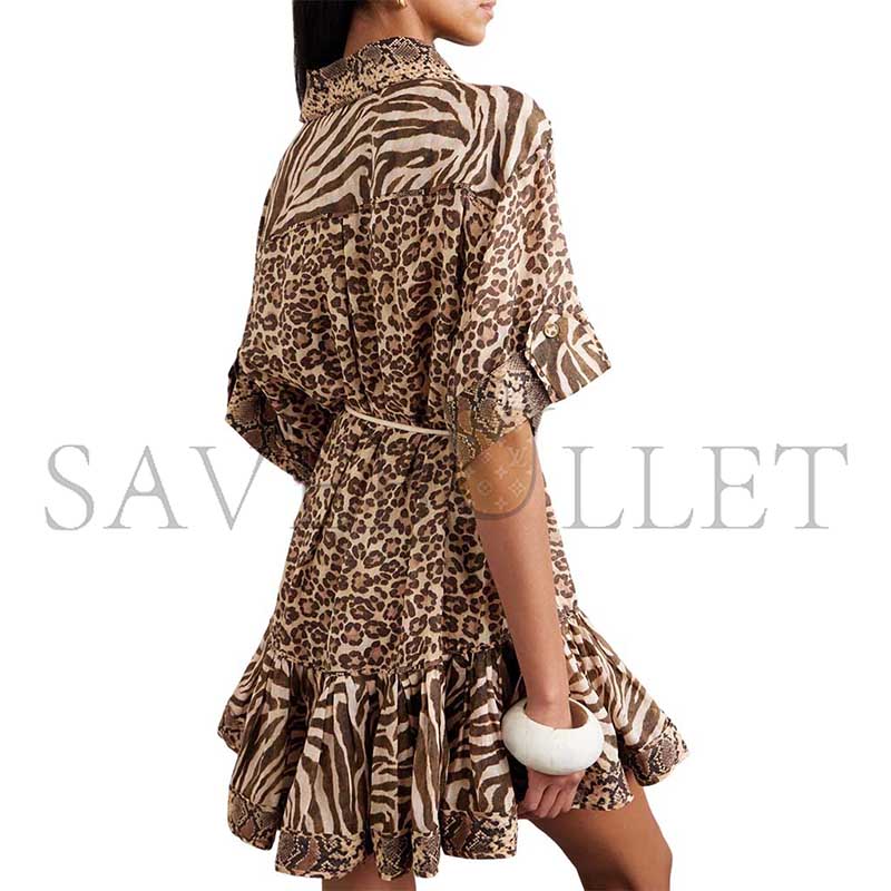 ZIMMERMANN WANDERLUST LANTERN BELTED PRINTED COTTON MINI DRESS 